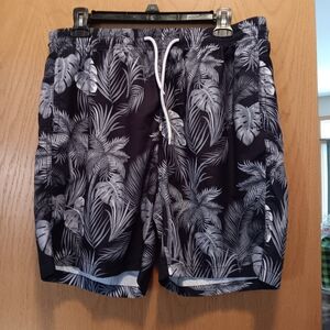 Men's Size Large, Black Tropical Print Swim Shorts